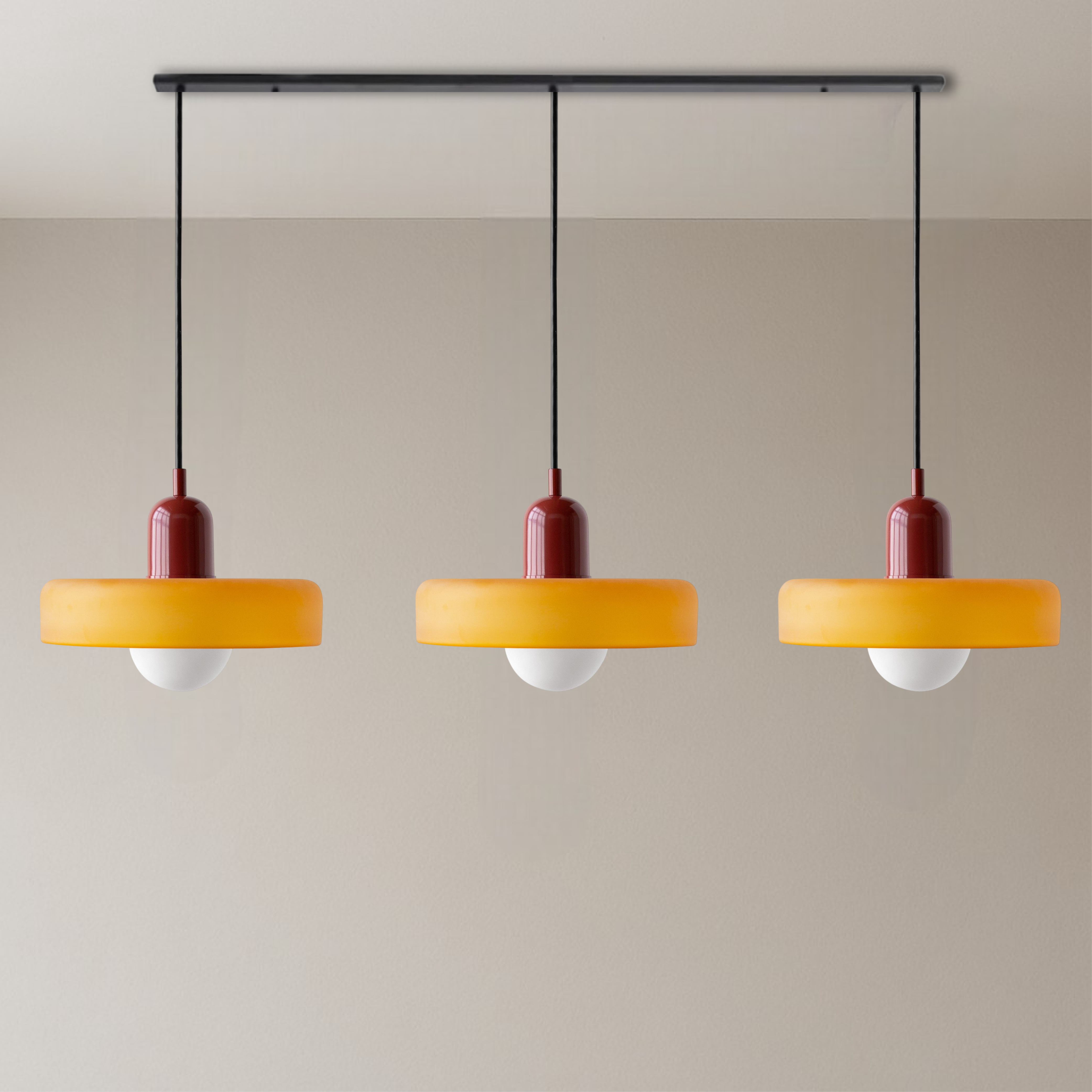 3-hovedet Bauhaus-pendel i farvet glas