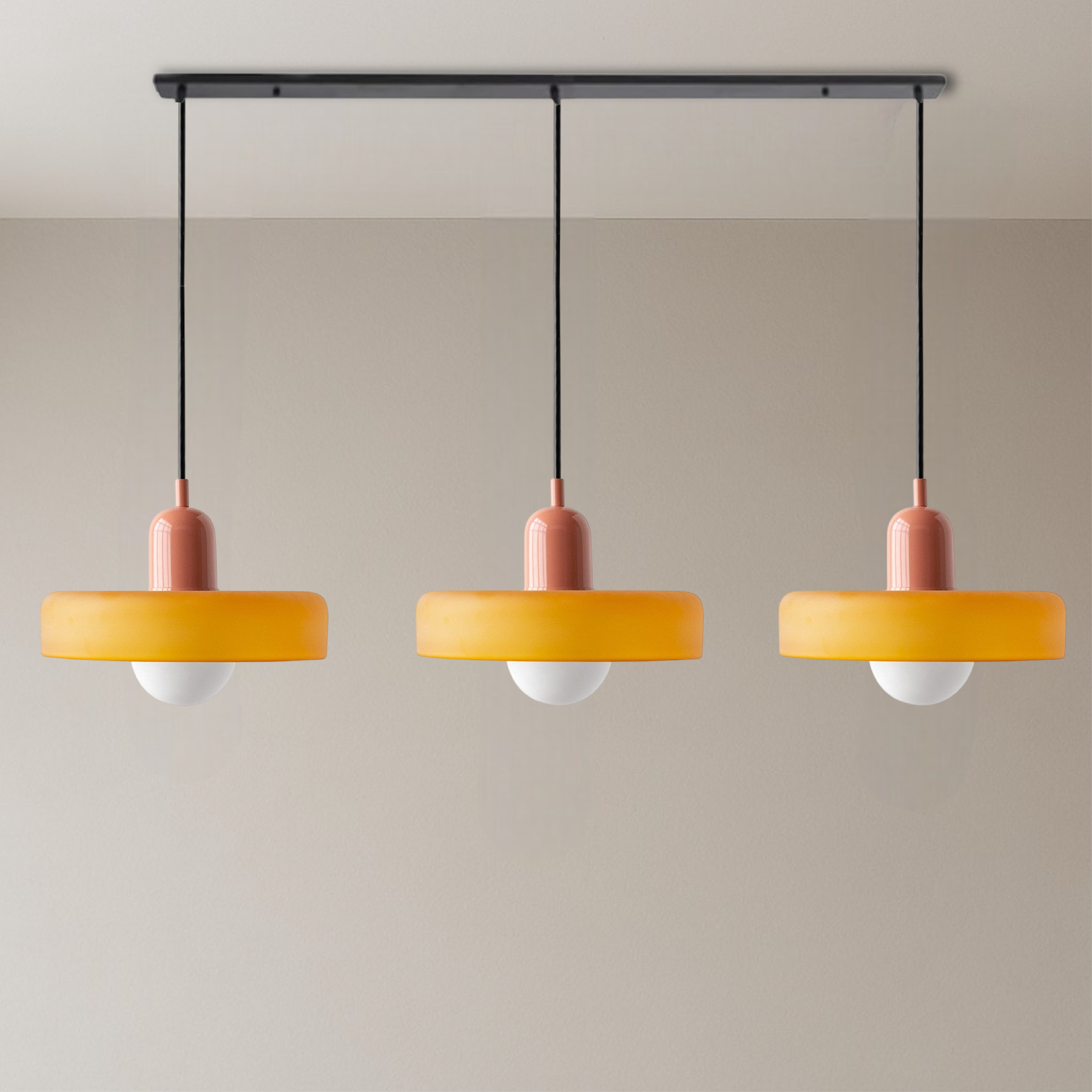 3-hovedet Bauhaus-pendel i farvet glas